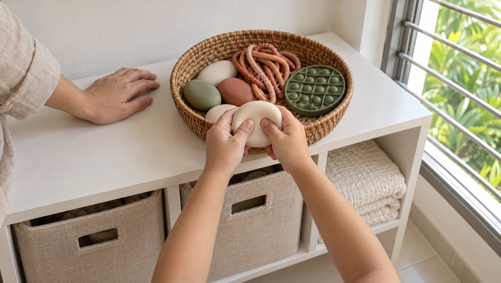 A child's hands squeeze a soft silicone stone over a basket of sensory stones, stretchy strings and a pop board on a low white shelf, a parent's hand resting nearby.