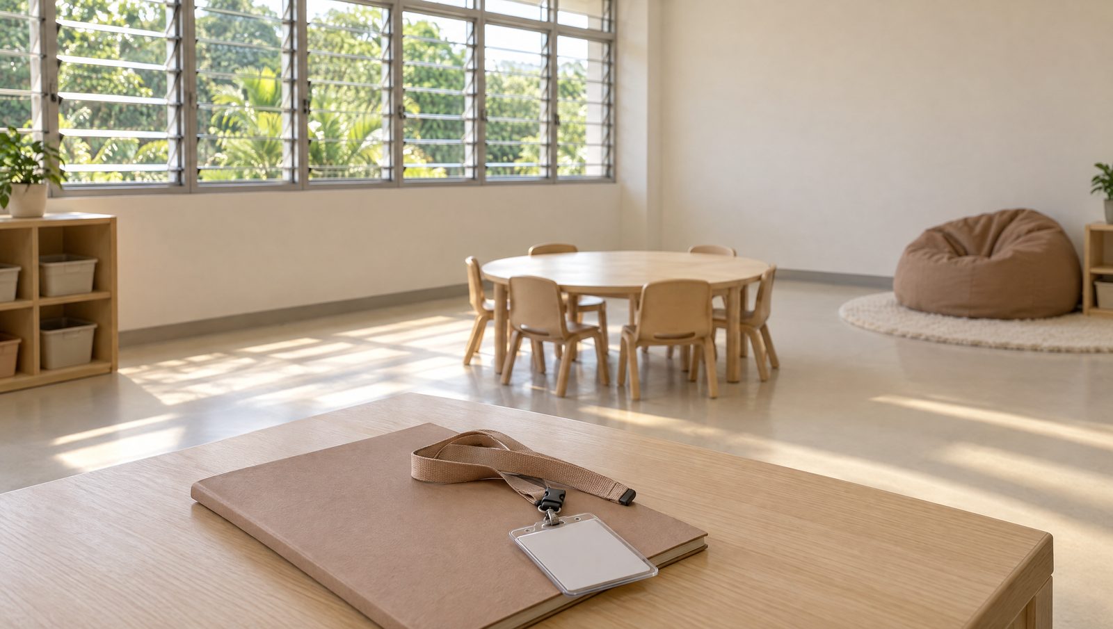 An empty special education classroom after lessons, small chairs pushed in around a low round table, a beanbag in a quiet corner, and a teacher's lanyard resting on a closed course handbook on the teacher's desk.