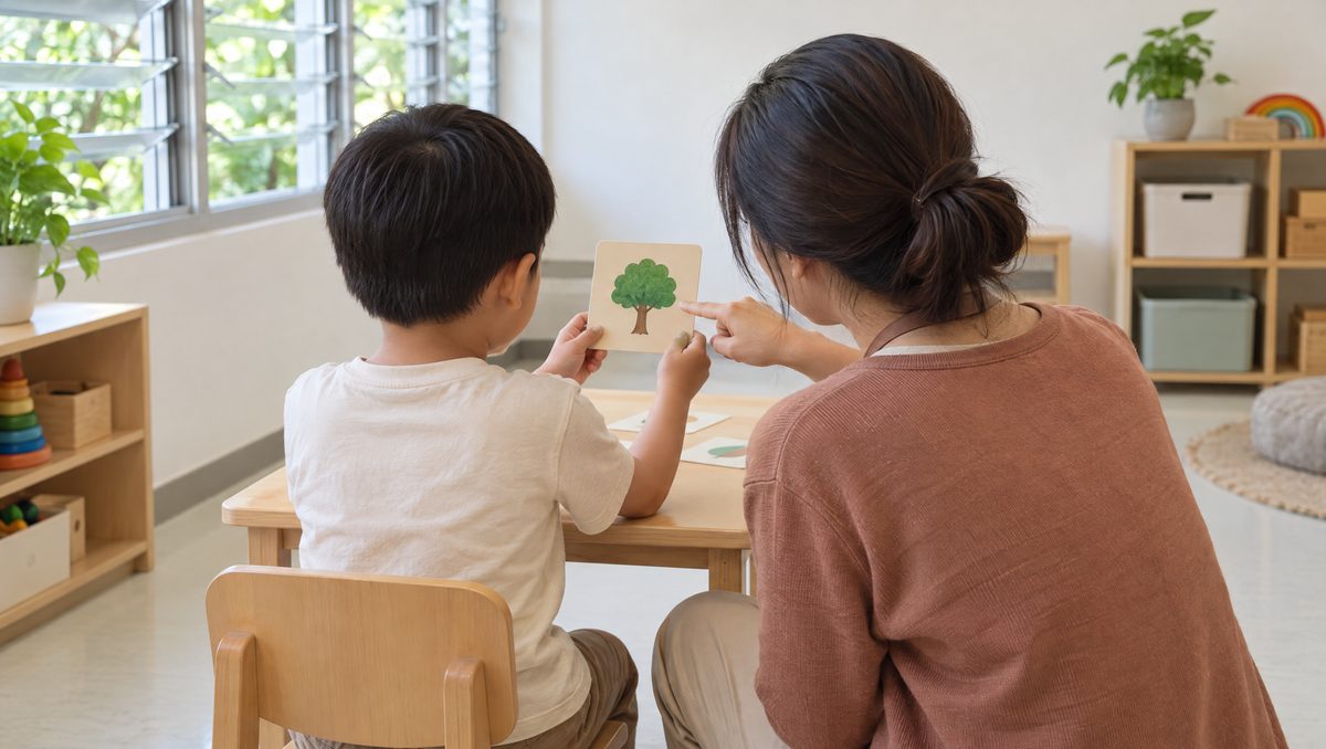 In a bright classroom, a teacher kneels at a child's height beside a low table and points to the picture card the child is holding, both seen from behind.
