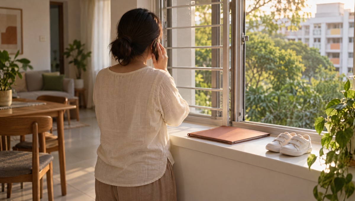 A parent stands by the window at home with a phone to their ear, a folder of their child's papers and a small pair of school shoes on the ledge beside them.