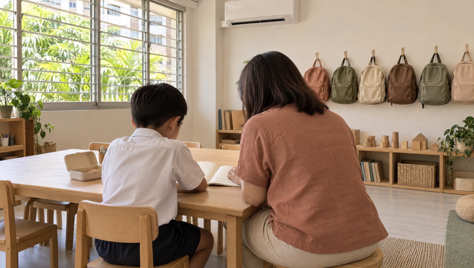 Mid-afternoon at a student care centre, a child in school uniform sits at a low table with a snack box and a workbook while a carer sits close beside, both seen from behind, school bags hanging on hooks along the wall.