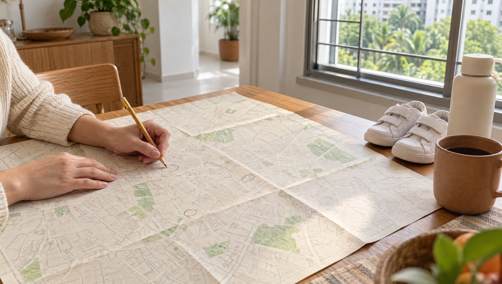 A parent circles a few places on a street map at the kitchen table while shortlisting schools, with a pair of small white school shoes beside the map.