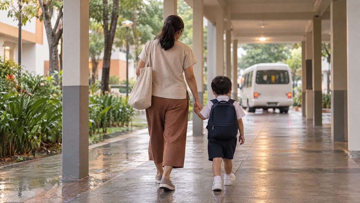A parent and child walk hand in hand down an HDB walkway toward a waiting school bus in the early morning.