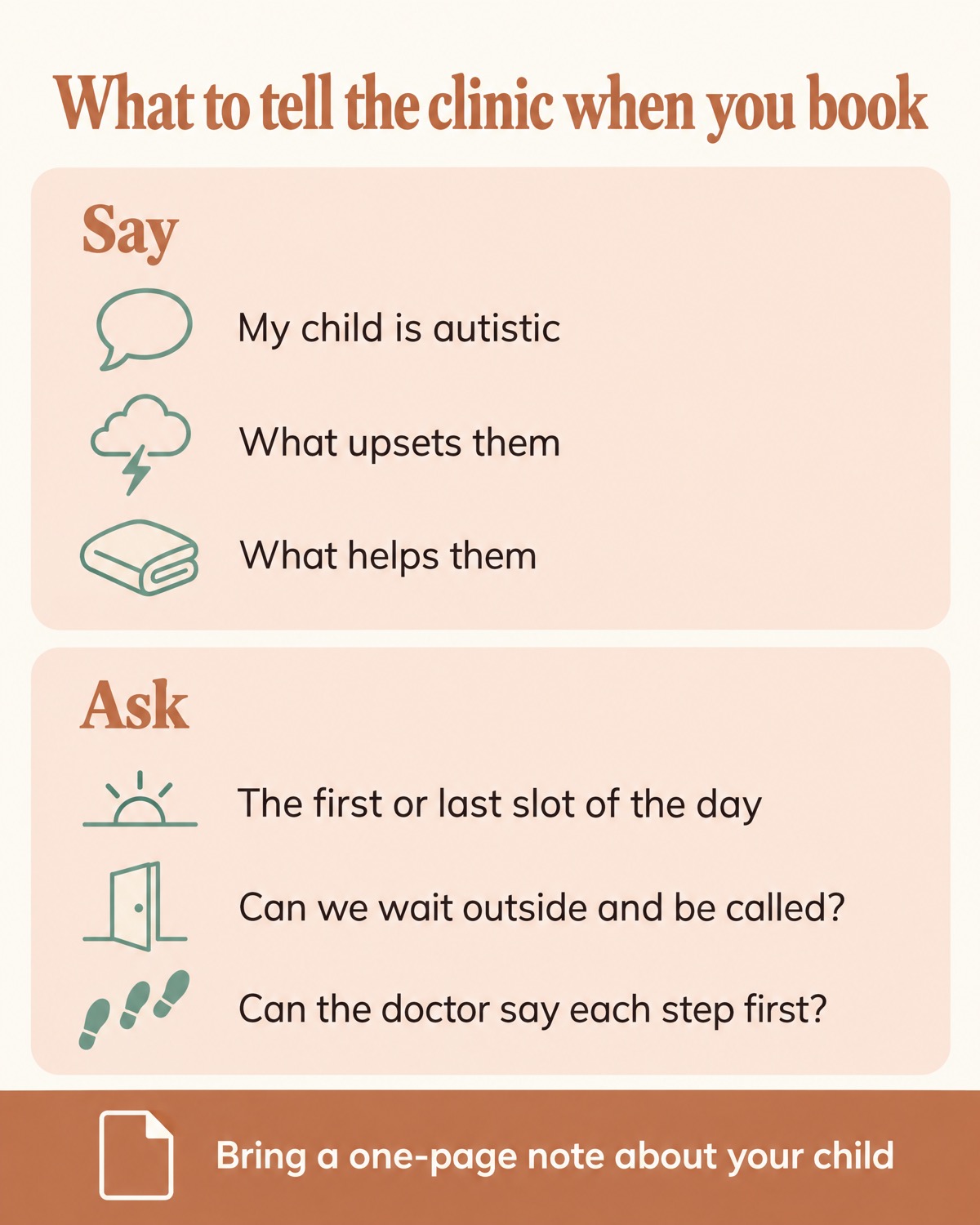 A card for the booking call: say your child is autistic, what upsets them and what helps; ask for the first or last slot, to wait outside, and for each step to be said first; bring a one-page note.