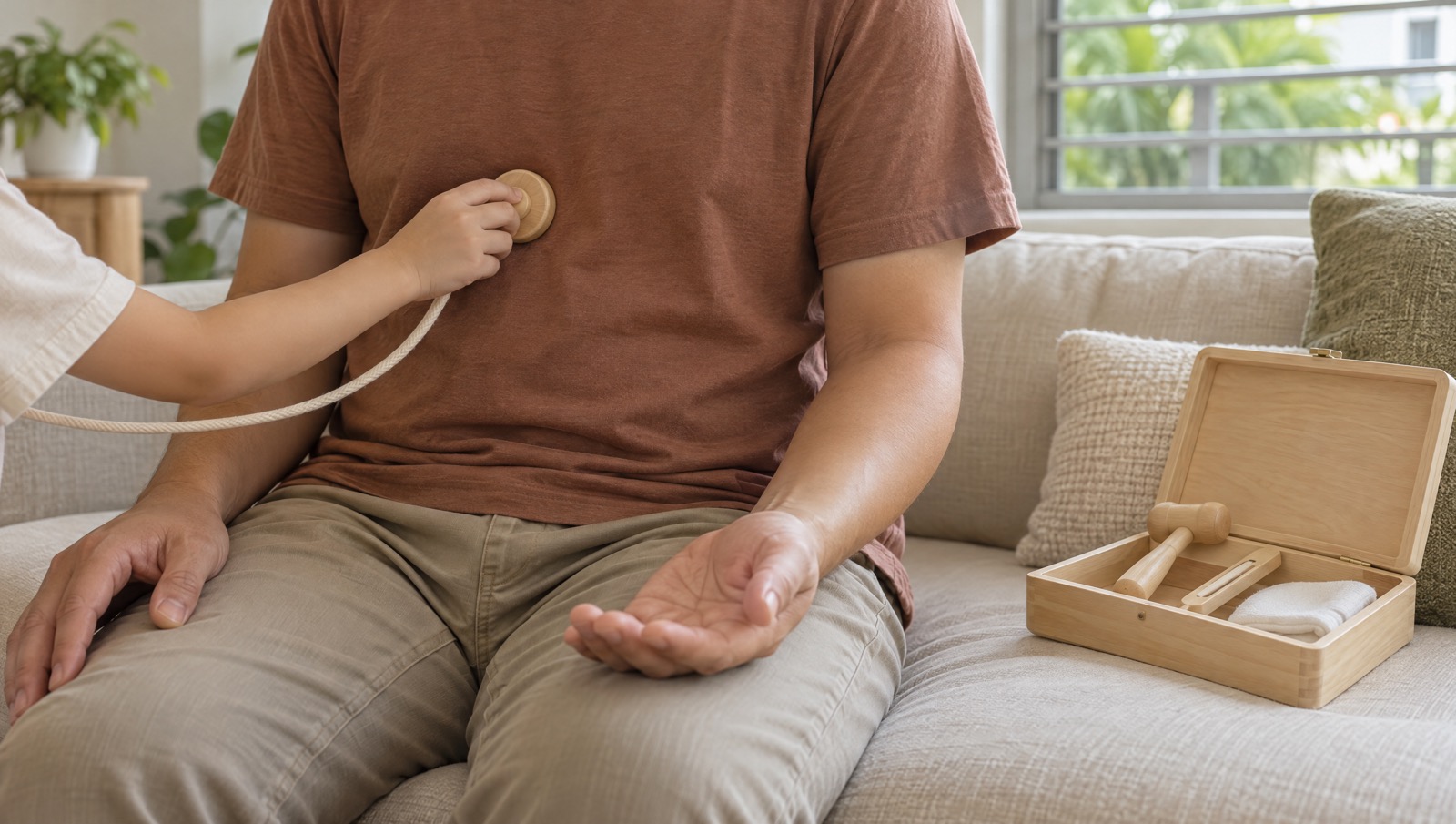 A child's hand presses a wooden toy stethoscope to a parent's chest on the sofa at home, a practice run for the real doctor's visit.