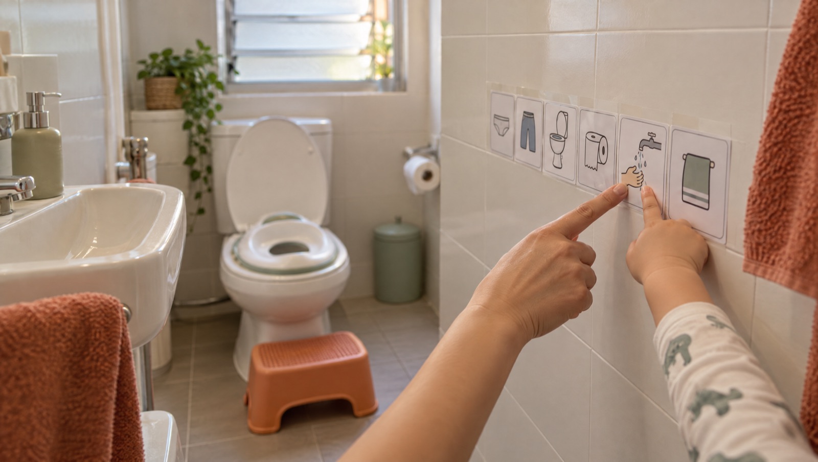 A small bathroom in a Singapore flat with a child's toilet seat and step stool, and a strip of picture cards on the wall at a child's eye level.